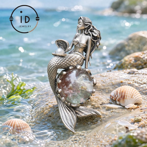 Anhänger Meerjungfrau mit Phantomquarz und Süßwasserperle aus 925 Silber, oxidiertes Silber, Gothic Totem Kette, Geschenk für sie,Geburtstag