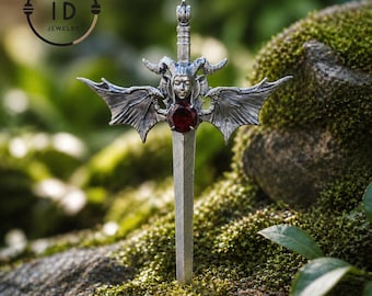 Gothic Sword Pendant in 925 Silver with Garnet Gemstone, Oxidized Vintage Design, Unisex Necklace as Birthday Gift