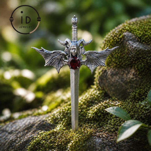 Gothic Sword Pendant in 925 Silver with Garnet Gemstone, Oxidized Vintage Design, Unisex Necklace as Birthday Gift