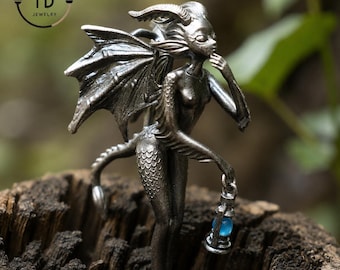 Dragon Girl Holding Lantern | Dragon-Themed Pendant in Hand-Carved Silver | A Fantasy Necklace for Your Inner Journey