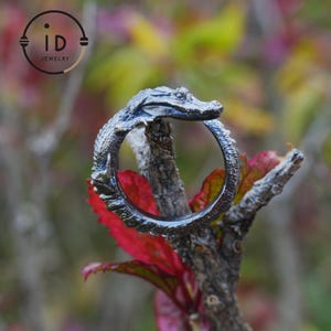 Op de afbeelding: Een zilverkleurige ring met een gedetailleerd alligatorontwerp. De kop van de alligator vormt de bovenkant van de ring, waarbij het lichaam zich om de band wikkelt. De ring wordt getoond op een kleine tak tegen een vage achtergrond van kleurrijk gebladerte.