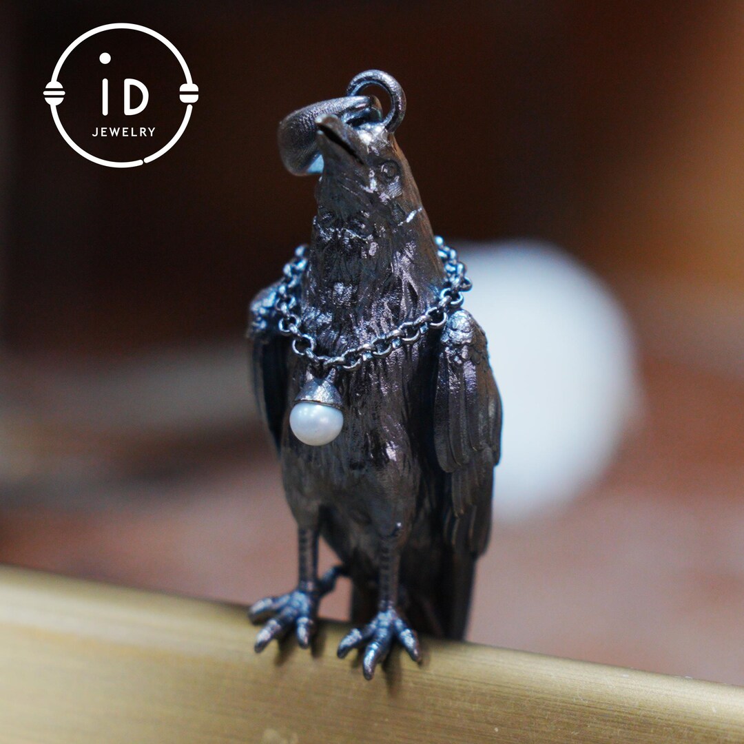 Handmade Raven Pendant With Freshwater Pearl, Oxidized 925 Silver ...