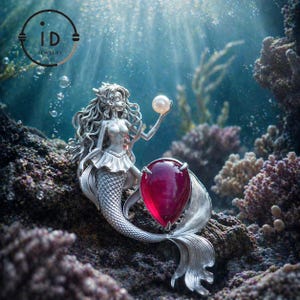 May include: A silver mermaid pendant featuring a large, teardrop-shaped red gemstone and a pearl. The mermaid holds the pearl, set against coral and bubbles. The ID Jewelry logo is visible.