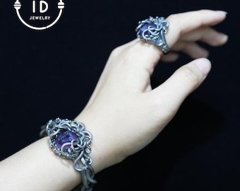 Adjustable Medusa Ring in 925 Sterling Silver with Amethyst – Mythical Jewelry for Collectors and Special Occasions
