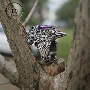 Gothic Raven Ring with Amethyst in 925 Oxidized Silver, Totem Bird Jewelry for Women and Men, Vintage Statement Gift for Christmas image 11