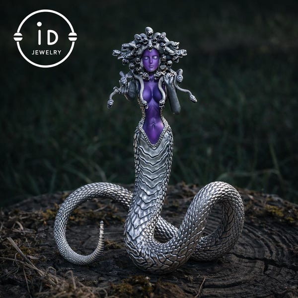 Silver Amethyst Serpent Woman Pendant & Figurine, Handmade Gothic Totem Art Object, Wearable or Display, Unique Gift Idea