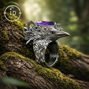 Gothic Raven Ring with Amethyst in 925 Oxidized Silver, Totem Bird Jewelry for Women and Men, Vintage Statement Gift for Christmas