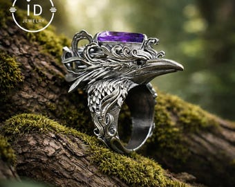 Gothic Raven Ring with Amethyst in 925 Oxidized Silver, Totem Bird Jewelry for Women and Men, Vintage Statement Gift for Christmas