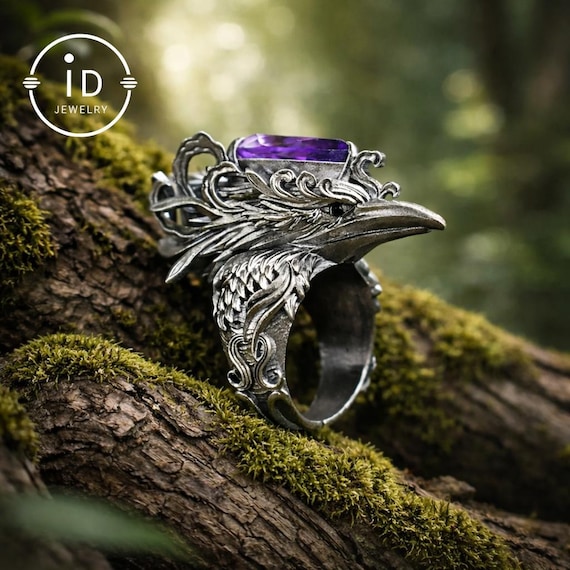 Gothic Rabenring mit Amethyst | 925 oxidiertes Silber | Totem-Vogel Schmuck | Mystischer Statement-Ring für Damen & Herren