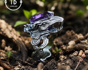Large Amethyst Ring in 925 Sterling Silver with Dragon Head, Gothic Totem Style, Gift for Men or Fantasy Jewelry Lovers