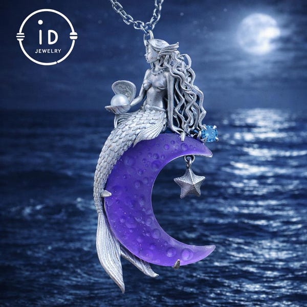 Amethyst Mond Anhänger mit Meerjungfrau in 925 Silber · Talisman Kette für Damen · Geschenkidee Weihnachten Geburtstag Märchen Schmuck