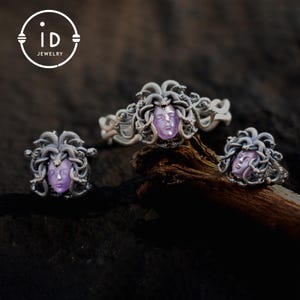 Medusa Bracelet in 925 Sterling Silver, Handmade Gothic Arm Cuff with Carved Amethyst, Greek Mythology Gift for Him & Her