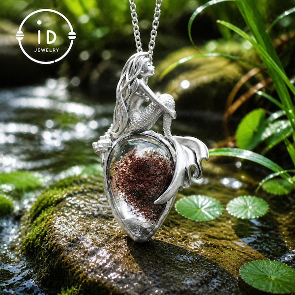 Meerjungfrau Anhänger mit Ammonit Fossil aus 925 Silber, Totem Kette im Märchenstil, Statement Schmuck Geschenk für sie Geburtstag
