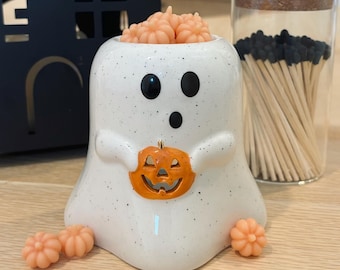 Ceramic Ghost with Pumpkin Wax Warmer &  2 oz of Wax Melts | Halloween Wax Melter |  Ghost Decor | Wax Burner | Spooky Season | Fall Decor