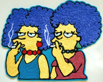 Chainstitch Embroidered Patty and Selma - blue border