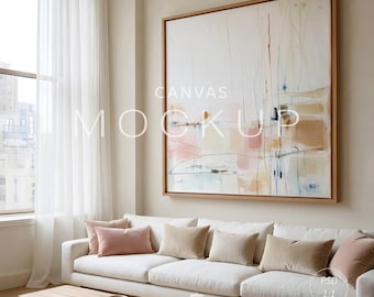Vierkant canvasmodel PSD, muurkunst canvasmodel, minimale woonkamer, lichte houten lijst, Scandinavisch interieur