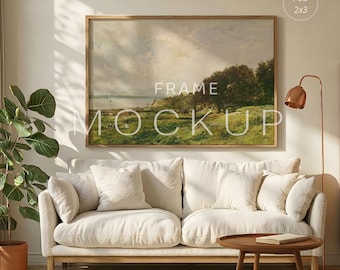 3 x 2 horizontaal framemodel PSD, licht houten framemodel, minimalistisch Scandinavisch woonkamerinterieur, landschapspostermodel