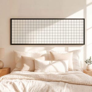 1:3 Framed Canvas Mockup Above Bed, Long Horizontal Frame Mockup, Landscape Wall Art Mockup, Wide Narrow Canvas, Black & Light Wood Frame image 7