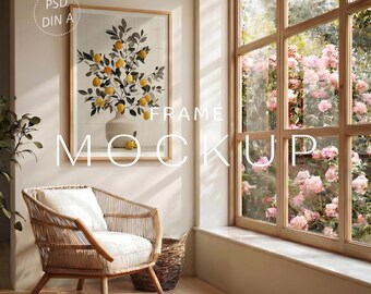 Verticale houten lijstmodel met mat, posterlijstmodel, bewerkbare PSD-sjabloon voor Photoshop en Photopea, muurkunstmodel, DIN A-verhouding