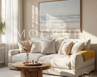 4 x 3 horizontaal frame mockup PSD, Scandinavische woonkamer muurkunst mockup, neutraal gezellig interieur, landschap minimaal houten frame sjabloon