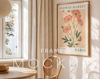 Vertikaler Holzrahmen Mockup, Esszimmer Poster Mockup, dünner Holzrahmen, DIN A Ratio PSD für Photoshop, Smart Objekt Wand Kunst Mockup Vorlage