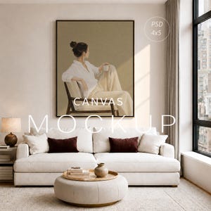 Oversized 4:5 Framed Canvas Mockup, Large Vertical Print Mockup, Floating Frame PSD, Minimalist Living Room, Wall Art Template, Photoshop