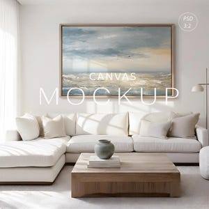 2 x 3 landschap canvas mockup, horizontaal zwevend frame mockup, muurkunst display, minimale Scandinavische woonkamer, neutraal interieur PSD JPG