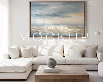 2 x 3 landschap canvas mockup, horizontaal zwevend frame mockup, muurkunst display, minimale Scandinavische woonkamer, neutraal interieur PSD JPG