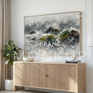 Mockup di cornice orizzontale 3x4, mockup di arte murale paesaggistica, mockup di poster grande, cornice in legno PSD, mockup di interni per soggiorno, oggetto intelligente