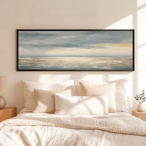 1:3 Framed Canvas Mockup Above Bed, Long Horizontal Frame Mockup, Landscape Wall Art Mockup, Wide Narrow Canvas, Black & Light Wood Frame image 3