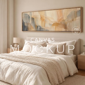 May include: A horizontal rectangular canvas print featuring an abstract painting with blended shades of beige, cream, soft blue, and charcoal gray. The artwork is displayed in a thin wooden frame above a bed with white bedding and pillows.