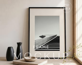 Verticaal houten lijstmodel PSD, DIN A-postermodel, neutrale muurkunstweergave, met en zonder mat, lijst leunend op muur
