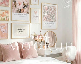 Blush Pink Gallery Wall Mockup Set van 8, Vrouwelijk Slaapkamerframe Mockup PSD, Gouden Frame Mockup, Muurkunstweergavesjabloon, Poster Mockup