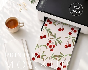 A4-printermodel PSD, inkjetprinter met blanco papier, afdrukbaar papieren mockup, smart-objectsjabloon, thuis afdrukken weergeven