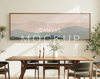 Panoramisch ingelijst drijvend canvasmodel, 3:1 canvasmodel PSD, lang horizontaal muurkunstmodel, neutrale eetkamerscène, weids landschap