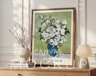 Canvasmodel PSD, 5 x 7 verticaal zwevend framemodel, realistische muurkunstsjabloon voor Photoshop Photopea, neutrale interieurkunstweergave