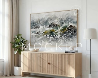 3x4 horizontaal framemodel, landschapsmuurkunstmodel, groot postermodel, houten lijst PSD, woonkamerinterieurmodel, slim object, slim object