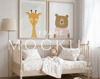 Mockup kinderkamerlijst van 2, neutraal muurkunstmodel babykamer, houten posterlijst (psd) a4, a3 en a2 (psd), postersjabloon kinderkamer, DIN A-verhouding