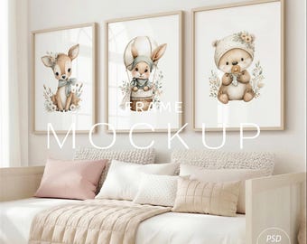 3 lijst kinderkamermodel PSD, galerijmuurlijstmodel, babykamermuurkunstmodel voor afdrukbare kunst, kinderkamerposterweergave, DIN A