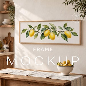 3:1 Panoramische fotolijst mockup, Lange horizontale posterlijst, Ingelijste canvas mockup, Breed landschap wanddecoratie, Keuken PSD Smart Object