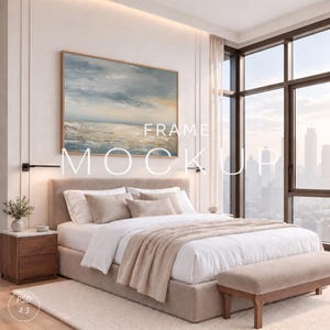 May include: A horizontal rectangular wooden frame mockup hanging above a bed. The frame displays an abstract landscape painting with blue, gray, and beige tones. The text "FRAME MOCKUP" is overlaid in white across the center of the image.