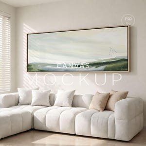Panoramic Canvas Mockup 3:1, Landscape Wall Art Mockup, Wide Frame Mockup, Neutral Living Room Scene, Long Horizontal Framed Canvas PSD