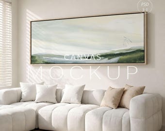 Panoramic Canvas Mockup 3:1, Landscape Wall Art Mockup, Wide Frame Mockup, Neutral Living Room Scene, Long Horizontal Framed Canvas PSD