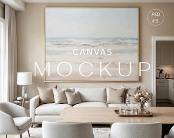 Landschap ingelijst canvas mockup 4 x 5, horizontaal goud zwevend frame mockup PSD, neutrale moderne woonkamer muurkunst sjabloon