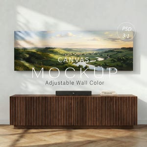Panoramic Canvas Mockup PSD, 3:1 Landscape Wall Art Mockup, Editable Wall Color, Neutral Living Room Scene, Wide Gallery Wrapped Canvas
