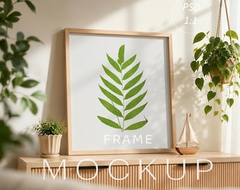 1:1 vierkante lijstmodel PSD, realistisch houten lijstmodel, vierkante muurkunstmodel, sjabloon slim object, Scandinavische interieurscène