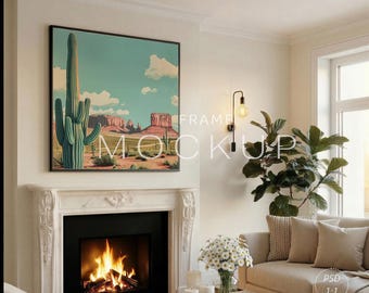 Quadratischer Rahmen PSD, quadratisches Leinwandmodell, Kamin-Wand-Kunst-Mockup, Wohnzimmer-Innenraum, Digitaldruck, minimalistisches Wohndekor