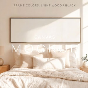 1:3 Framed Canvas Mockup Above Bed, Long Horizontal Frame Mockup, Landscape Wall Art Mockup, Wide Narrow Canvas, Black & Light Wood Frame