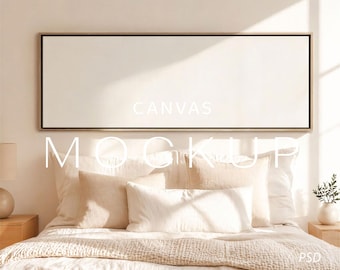 1:3 ingelijst canvasmodel boven bed, lang horizontaal framemodel, landschapsmuurkunstmodel, breed smal canvas, zwart en licht houten frame