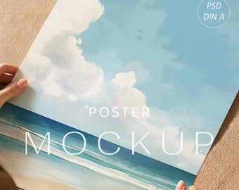 Realistisch postermodel, papieren mockup PSD, scène houten tafel, close-up muurkunstmodel, DIN A A4 A3 A2 sjabloon muurkunst, slim object